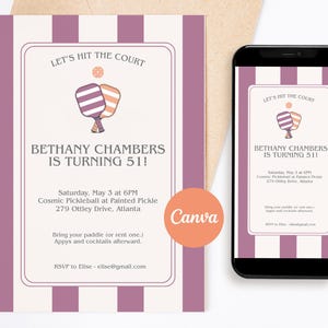 51st Birthday Invitation for Women | Mauve Pickleball & Drinks Digital Invite | Printable Download Party Invitation | For Her Downloadable