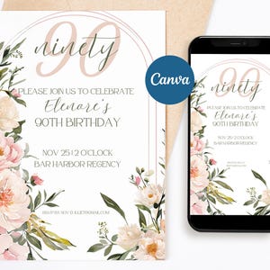 90th Birthday Invitation | Digital Invite | Printable Download | Party Invitation | For Her | 90th Birthday Party | Downloadable Invite