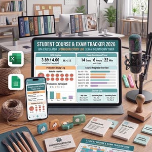 May include: A digital student course and exam tracker on a tablet and smartphone, with a microphone, study guides, and concept cards. The tablet displays a GPA calculator, Pomodoro study log, and exam countdown timer. The text reads "Study Smarter, get Better Grades."