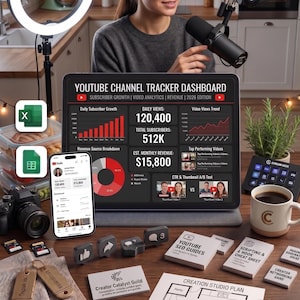 Könnte beinhalten: Ein digitales Marketing-Setup mit einem Laptop, der YouTube-Analysen anzeigt, einem Smartphone und einer Kaffeetasse. Die Szene umfasst ein Ringlicht, ein Mikrofon und digitale Marketing-Tools mit dem Text "Grow Smarter on YouTube".