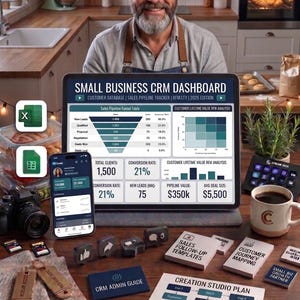 May include: A man in a kitchen setting presents a tablet displaying a CRM dashboard with sales data. The scene includes a smartphone, coffee, and business-related cards, promoting a small business CRM with no monthly fee.