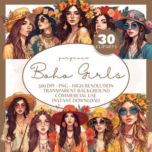 30 fichiers haute résolution PNG Boho Girls Clip Art, lot d'art graphique 300 DPI, impression d'art Boho Girls pour usage commercial gratuit, neutre minimaliste