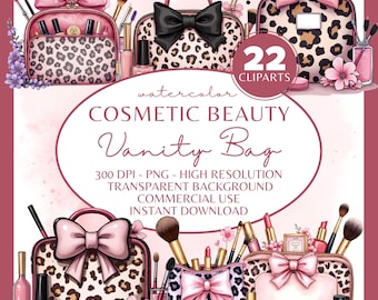 Peut inclure: Illustration à l'aquarelle de trousses de maquillage avec imprimé léopard, nœuds et articles de maquillage. L'image comprend le texte "COSMETIC BEAUTY Vanity Bag" et "22 Cliparts". Le design présente des couleurs rose, noir et marron.