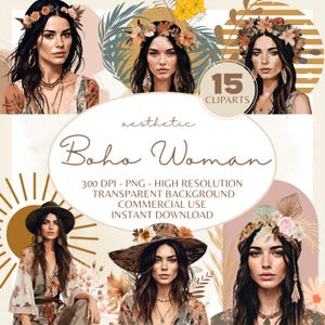 15 PNG-bestanden met hoge resolutie Boho Woman-illustraties, 300 DPI Graphic Art-bundel, gratis commercieel gebruik Boho Woman Art Print, minimalistisch neutraal