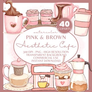 Watercolor Coffee Clipart, 40 Pink & Brown Aesthetic Cafe PNGs for Branding, DIY projects, merch and more, Sublimation, Commercial Use