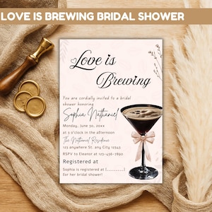 Editable Love is Brewing Bridal Shower Invitation Template, Espresso Martini Bridal Shower Invite, Neutral Bow Wedding Shower