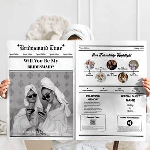 Modelo de jornal para proposta de madrinha personalizada, modelo para impressão de "Você será minha madrinha", convite exclusivo para madrinha e cartão de madrinha