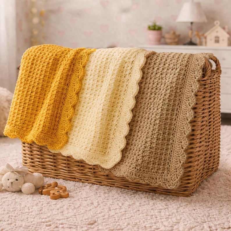 May include: Three crocheted baby blankets in a wicker basket. The blankets are in shades of yellow, cream, and tan, each with a scalloped edge. The basket is on a light-colored rug, with a stuffed bunny and wooden toys nearby.