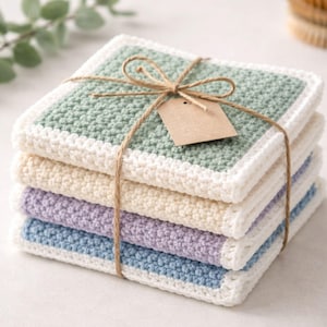 May include: A stack of five square crocheted washcloths in pastel colors: green, cream, lavender, and blue. Each cloth has a white border. They are tied together with twine and a small blank tag.