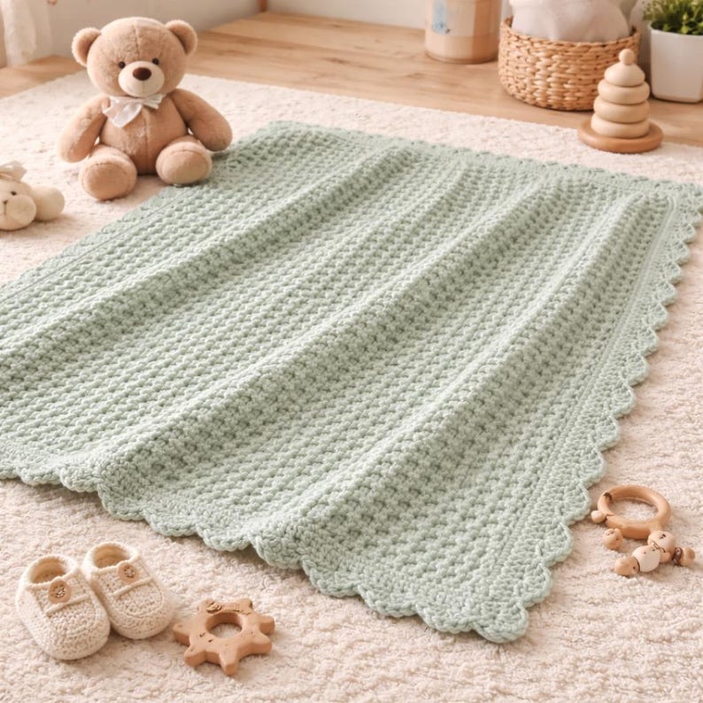 May include: A soft, mint green baby blanket with a textured, woven pattern and a scalloped edge. The blanket is surrounded by baby items, including a teddy bear, baby shoes, and wooden toys. The blanket measures approximately 40 x 50 inches.