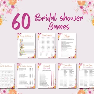 Zestaw gier na wieczór panieński Citrus Bridal Shower: motyw różowych kwiatów (wersja cyfrowa do pobrania)