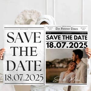Plantilla Canva para guardar la fecha en el periódico de bodas, tarjeta imprimible para guardar la fecha en el periódico de bodas, invitación para boda en el periódico con calendario para guardar la fecha