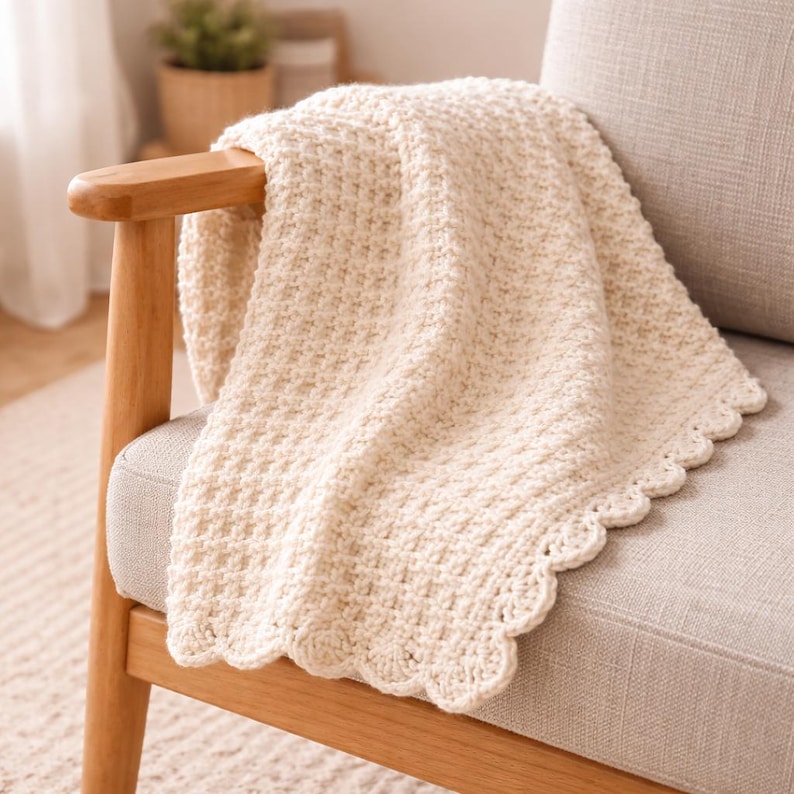 May include: A cream-colored, crocheted blanket with a scalloped edge is draped over the arm of a wooden chair. The blanket has a textured, woven appearance. The chair has a light gray cushion.