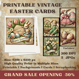 Décoration vintage imprimable de lapin de Pâques - Cartes - Art mural - 5 fichiers JPG haute résolution - 300 DPI - Téléchargement numérique instantané - Offre d'ouverture - 50 %