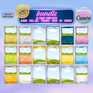 Può includere: Un pacchetto digitale di 18 modelli di carte collezionabili personalizzabili con vari schemi di colore e stili, inclusi basic, full art, trainer, gold, EX ed energy. Il testo riporta bundle, 18 card templates, basic, full art, trainer, gold, ex, energy, instant download ed edit in Canva.