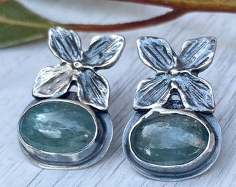Aqua gray Kyanite Hydrangea earrings in sterling silver. Kyanite. Sapphire. September birthday. Silversmith. Botanical.