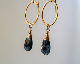 Moss Kyanite gold earrings. Hand Forged. Drop earrings. Urban chic. Kyanite. Handmade. Wire wrapped. September birthstone. Gold. Raw