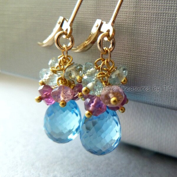Swiss Blue Topaz earrings . Pink tourmaline. Aquamarine. Gemstone cluster earrings. December birthstone. Drop earrings. Gif ideas
