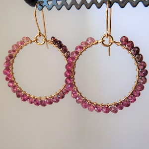 Pink Tourmaline gold earrings. Ombre pink Tourmaline. Wire wrapped hoop. Tourmaline earrings. October birthstone. Wire wrapped hoop circle