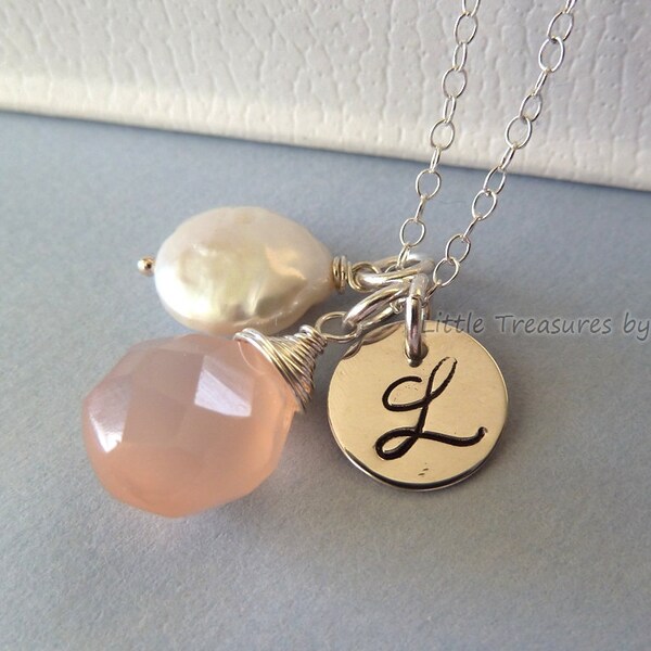 Personalized jewelry. Silver Peach pink Chalcedony White Coin Pearl Personalized necklace. Monogram necklace. Custom stone