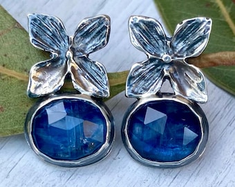 Blue sapphire Kyanite Hydrangea earrings in sterling silver. Kyanite. Sapphire. September birthday. Silversmith. Botanical.