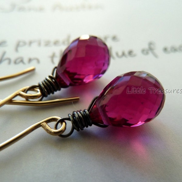 SALE - Dark raspberry pink hydro quartz microfaceted briolette on 14k gold filled long earwire