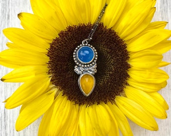 Stand with Ukraine - Evergreen blue and yellow chalcedony necklace (1) sterling silver, silversmith, freedom blue, energizing yellow