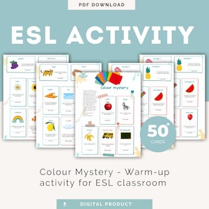 Juego de calentamiento de ESL "Misterio del Color" / Actividad de conversación divertida con pistas de colores / Juego de vocabulario de ESL para niños y principiantes (PDF)