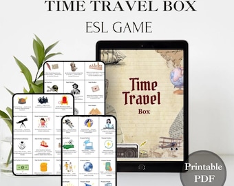 May include: A Time Travel Box ESL game printable PDF set featuring a tablet displaying a vintage-style cover with a globe, ship, and airplane, alongside two smaller cards showing grid-based grammar exercises with various illustrations and text.