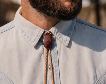 Garden Quartz Bolo Tie - Beige| Natural Braided Leather Cord, Gold Sun Tips