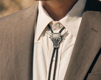 Silver Bull Bolo Tie, Western Cowboy Black Leather Cord - Silver Bar Tips