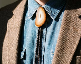 Bolo Tie with Polished Agate, Genuine Braided Leather Necktie