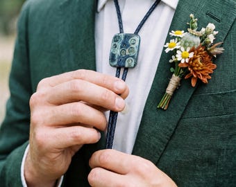Handmade Ocean Jasper Bolo Tie Dark Green/Blue: Western Cowboy Leather Necktie - Silver Tips