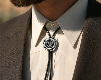 Silver Rose Bolo Tie, Western Cowboy Black Leather Cord - Antique Silver Sun Tips