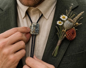 Western Bolo Tie with Petrified Palm Root Cabochon and Black Leather Cord