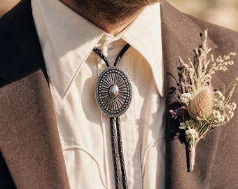 Silver Concho Bolo Tie, Western Cowboy Black Leather Cord - Silver Sun Tips