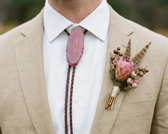 Magenta Agate Bolo Tie, Handmade Western Accessory with Braided Leather
