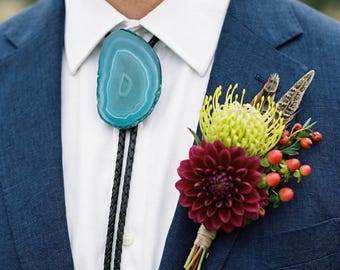 Teal Bolo Tie, Handmade with Agate Slice and Genuine Leather Cord