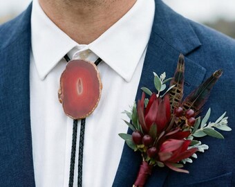 Bolo Tie with Polished Red Agate Stone, Genuine Braided Leather Design