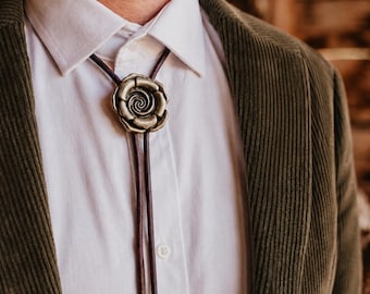 Brass Rose Bolo Tie, Western Cowboy Brown Leather Cord - Antique Brass Sun Tips