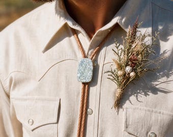 Handmade Light Blue Garden Quartz Bolo Tie, Light Tan Genuine Braided Leather Cord & Silver Bar Tips
