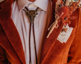 Brass Bull Bolo Tie, Western Cowboy Brown Leather Cord - Antique Brass Bar Tips