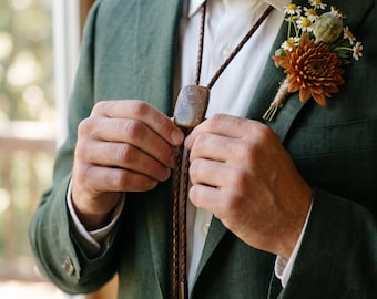 Handmade Garden Quartz Bolo Tie Copper & Green, Mahogany Brown Leather Necktie - Copper Bar Tips