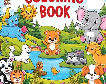 May include: A coloring book cover with a colorful illustration of animals, including a bird, elephant, fox, and a cat. The title of the book is "COLORING BOOK" in large, bold letters.
