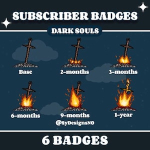 Op de afbeelding: Zes pixel art badges geïnspireerd door de Dark Souls-videogameserie. De badges tonen een zwaard in een kampvuur, waarbij het kampvuur groter wordt naarmate de abonnementstijd toeneemt. De badges zijn gelabeld met "Basis", "2 maanden", "3 maanden", "6 maanden", "9 maanden" en "1 jaar".