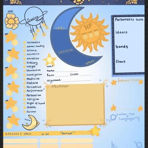 May include: A light blue tabletop role-playing game character sheet featuring celestial illustrations of moons, stars, and a sun. The layout includes sections for HP, AC, saving throws, skills, equipment, personality traits, and money with gold accents.