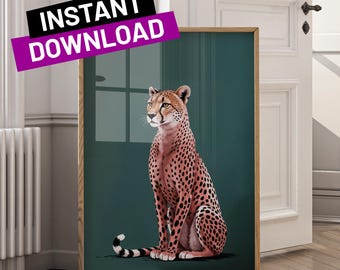 Pink Cheetah Art Print: Emerald Green Maximalist Decor (Digital Download)