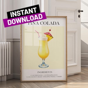 Piña Colada Art Print | Bar Cart Decor Cocktail Poster | Party Signature Drink Sign | Trendy Wall | Minimalist Elegant Sophisticated Retro