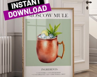 Moscow Mule Art Print: Retro Cocktail Bar Decor (Digital Download)