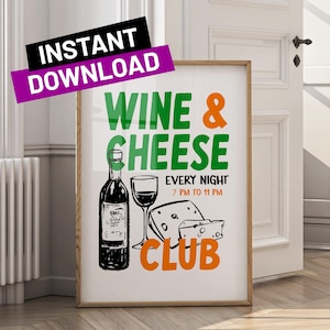 Wine and Cheese Club Poster Retro Food Wall Art Mid Century Modern Kitchen Decor Printable Dining Room Art Trendy Digital Download